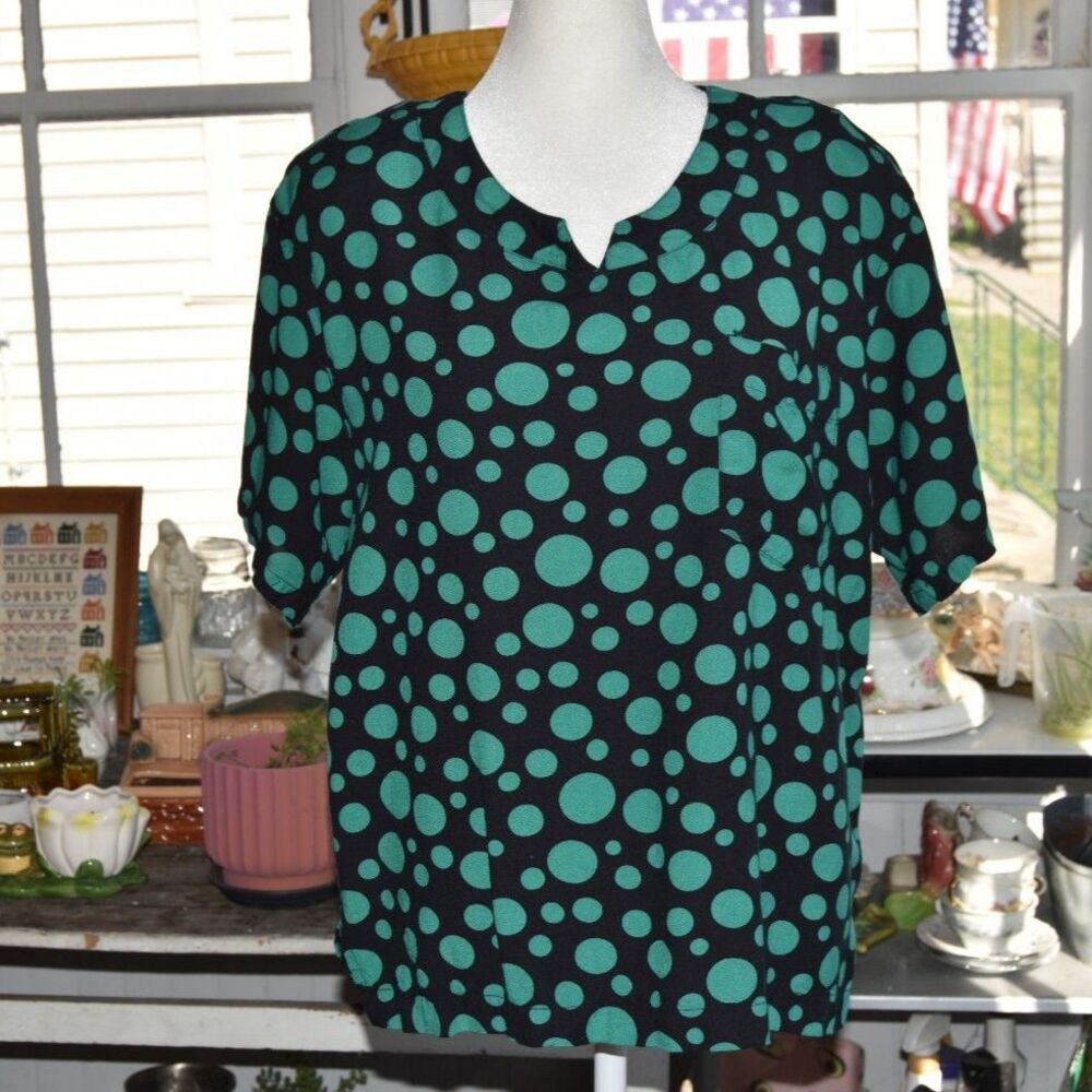 Vintage 90s Klick Polka Dot Blouse Green Black Rayon Top Women's L XL